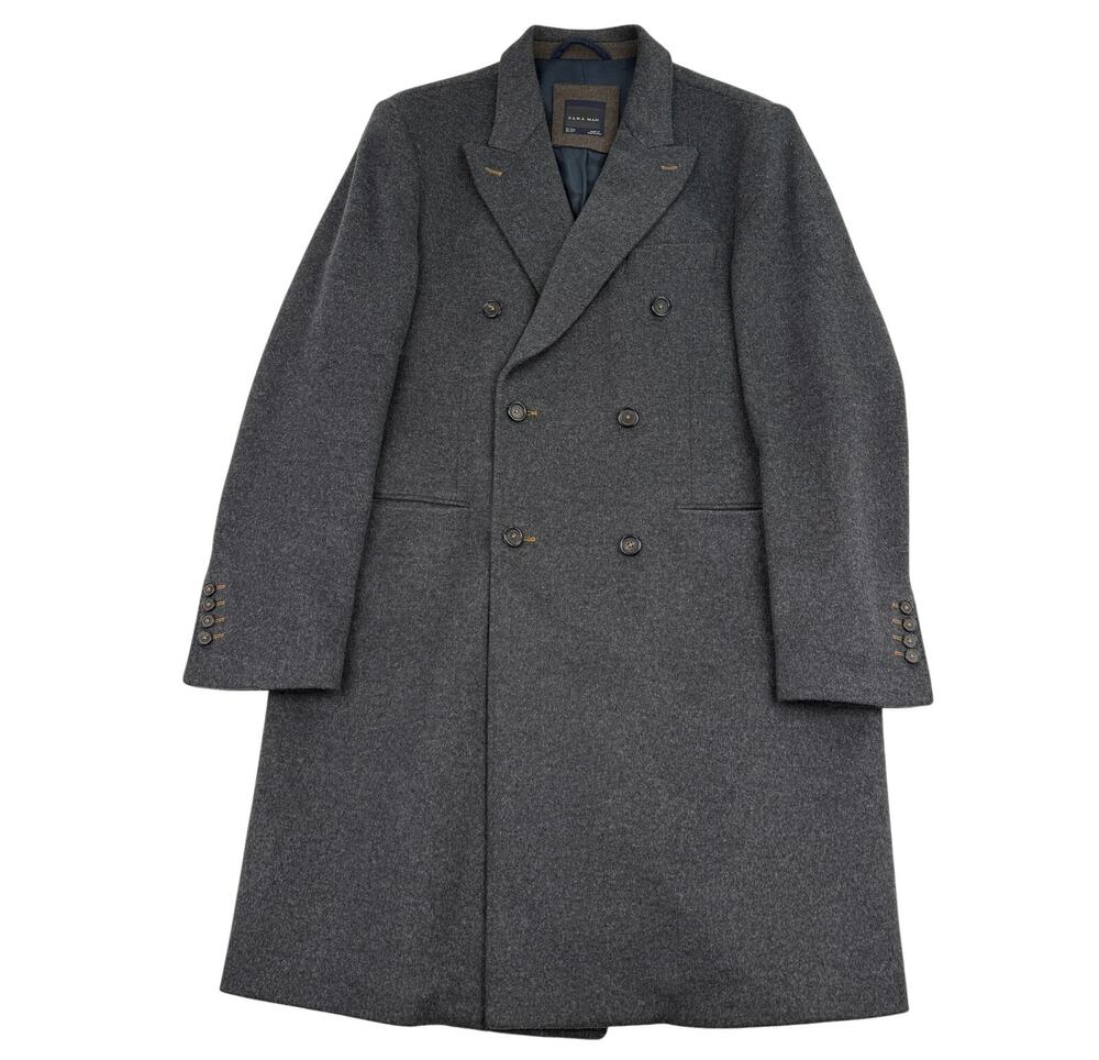 Zara Man Wool Blend Double Breasted Overcoat Gray XXL Tailored Winter Coat